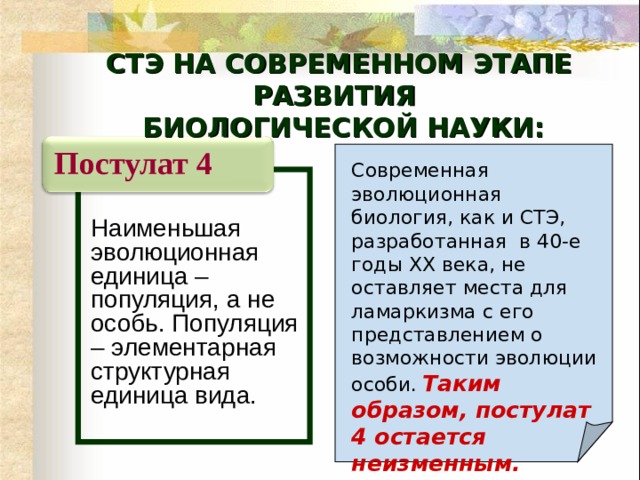 СТЭ НА СОВРЕМЕННОМ ЭТАПЕ РАЗВИТИЯ  БИОЛОГИЧЕСКОЙ НАУКИ: Постулат 4 Современная эволюционная биология, как и СТЭ, разработанная в 40-е годы ХХ века, не оставляет места для ламаркизма с его представлением о возможности эволюции особи.  Таким образом, постулат 4 остается неизменным.  Наименьшая эволюционная единица – популяция, а не особь. Популяция – элементарная структурная единица вида. 