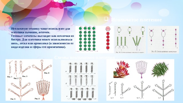 Игольчатое плетение Игольчатую технику чаще используют для плетения тычинок, веточек. Готовые элементы выглядят как иголочки из бисера. Для плетения может использоваться нить, леска или проволока (в зависимости от вида изделия и сферы его применения).  Схемы игольчатого плетения 