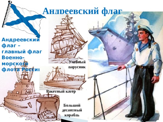 Андреевский флаг Андреевский флаг – главный флаг Военно-морского флота России Учебный парусник Ракетный катер Большой десантный корабль 