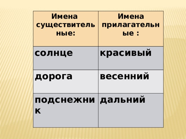 Имена существительные: Имена солнце  прилагательные :  красивый дорога   весенний подснежник   дальний 