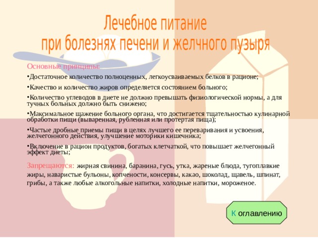 Основные принципы: Достаточное количество полноценных, легкоусваиваемых белков в рационе; Качество и количество жиров определяется состоянием больного; Количество углеводов в диете не должно превышать физиологической нормы, а для тучных больных должно быть снижено; Максимальное щажение больного органа, что достигается тщательностью кулинарной обработки пищи (вываренная, рубленная или протертая пища); Частые дробные приемы пищи в целях лучшего ее переваривания и усвоения, желчегонного действия, улучшение моторики кишечника; Включение в рацион продуктов, богатых клетчаткой, что повышает желчегонный эффект диеты; Запрещаются: жирная свинина, баранина, гусь, утка, жареные блюда, тугоплавкие жиры, наваристые бульоны, копчености, консервы, какао, шоколад, щавель, шпинат, грибы, а также любые алкогольные напитки, холодные напитки, мороженое. К оглавлению 