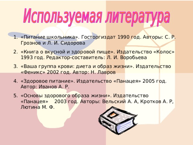 «Питание школьника». Госторгиздат 1990 год. Авторы: С. Р. Грознов и Л. И. Сидорова «Книга о вкусной и здоровой пище». Издательство «Колос» 1993 год. Редактор-составитель: Л. И. Воробьева «Ваша группа крови: диета и образ жизни». Издательство «Феникс» 2002 год. Автор: Н. Лавров «Здоровое питание». Издательство «Панацея» 2005 год. Автор: Иванов А. Р. «Основы здорового образа жизни». Издательство «Панацея» 2003 год. Авторы: Вельский А. А, Кротков А. Р, Лютина М. Ф. 