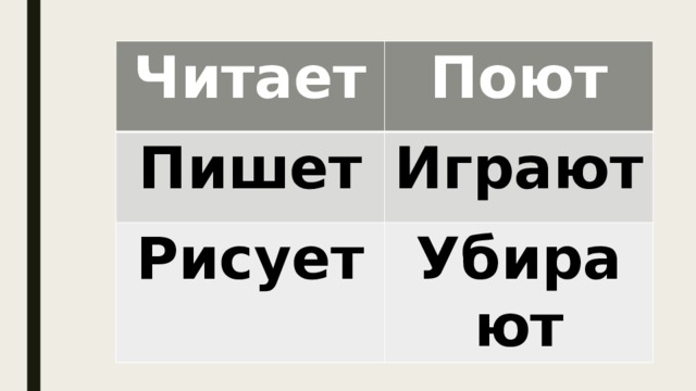 Читает Поют Пишет Играют Рисует Убирают 