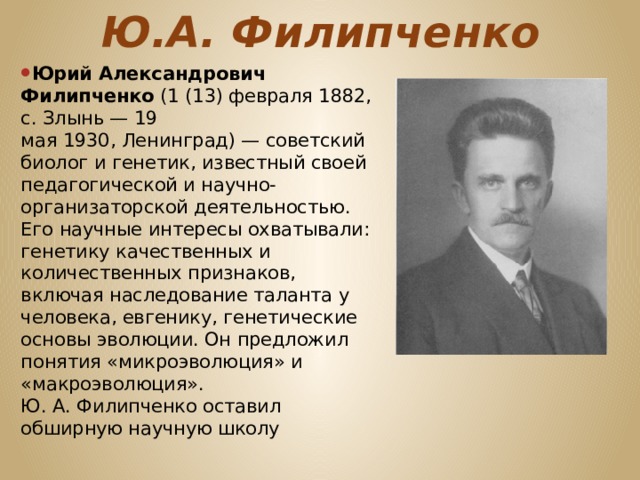 Ю.А. Филипченко Юрий Александрович Филипченко  (1 (13) февраля 1882, с. Злынь — 19 мая 1930, Ленинград) — советский биолог и генетик, известный своей педагогической и научно-организаторской деятельностью. Его научные интересы охватывали: генетику качественных и количественных признаков, включая наследование таланта у человека, евгенику, генетические основы эволюции. Он предложил понятия «микроэволюция» и «макроэволюция». Ю. А. Филипченко оставил обширную научную школу 