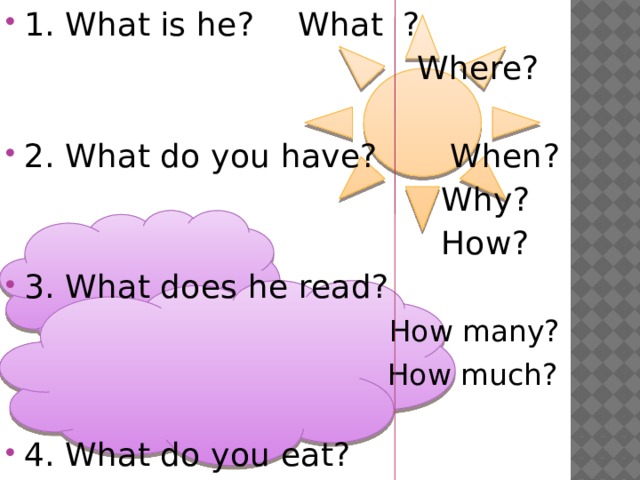 1. What is he?    What  ?   Where? 2. What do you have? When?  Why?  How? 3. What does he read?  How many?  How much?  4. What do you eat? 