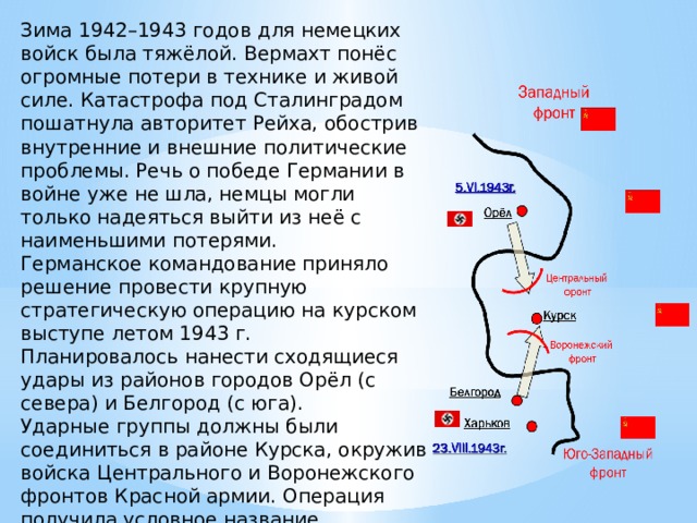 Зима 1942–1943 годов для немецких войск была тяжёлой. Вермахт понёс огромные потери в технике и живой силе. Катастрофа под Сталинградом пошатнула авторитет Рейха, обострив внутренние и внешние политические проблемы. Речь о победе Германии в войне уже не шла, немцы могли только надеяться выйти из неё с наименьшими потерями. Германское командование приняло решение провести крупную стратегическую операцию на курском выступе летом 1943 г. Планировалось нанести сходящиеся удары из районов городов Орёл (с севера) и Белгород (с юга). Ударные группы должны были соединиться в районе Курска, окружив войска Центрального и Воронежского фронтов Красной армии. Операция получила условное название «Цитадель». 