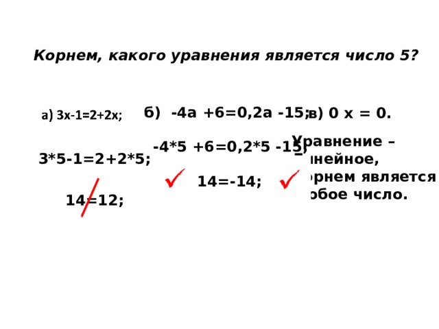 Корнем, какого уравнения является число 5? б) -4а +6=0,2а -15; в) 0 х = 0. Уравнение – Линейное, Корнем является Любое число.  -4*5 +6=0,2*5 -15;  3*5-1=2+2*5;  -14=-14;  14=12; 