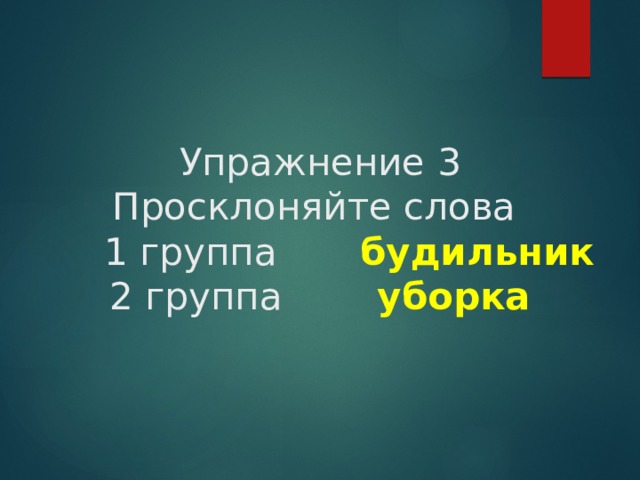    Упражнение 3  Просклоняйте слова  1 группа будильник  2 группа уборка 
