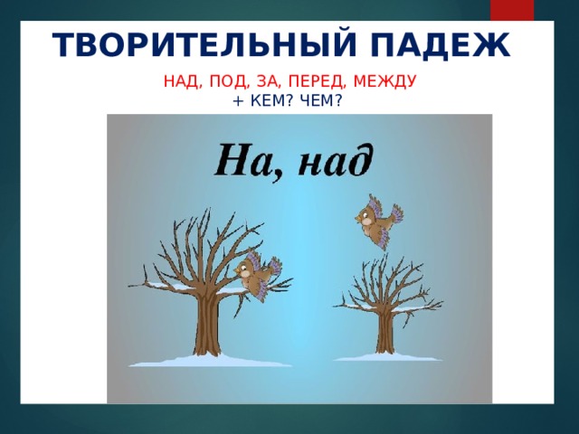 Спрятался за деревом падеж. Творительный падеж. На над под за между перед. З, над, под падеж.