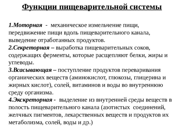 Кишечный сок содержим ферменты расщепляющие. Моторная функция пищеварительной системы. Функции пищеварительной системы моторная механическая. Секреторная функция пищеварительной системы. Пищеварительная система вывод.