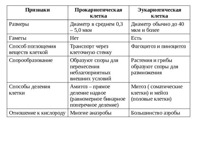 Признаки Размеры Прокариотическая клетка Диаметр в среднем 0,3 – 5,0 мкм Гаметы Эукариотическая клетка Способ поглощения веществ клеткой Нет Диаметр обычно до 40 мкм и более Транспорт через клеточную стенку Есть Спорообразование Фагоцитоз и пиноцитоз Образуют споры для перенесения неблагоприятных внешних условий Способы деления клетки Амитоз – прямое деление надвое (равномерное бинарное поперечное деление) Отношение к кислороду Растения и грибы образуют споры для размножения Многие анаэробы Митоз ( соматические клетки) и мейоз (половые клетки) Большинство аэробы 