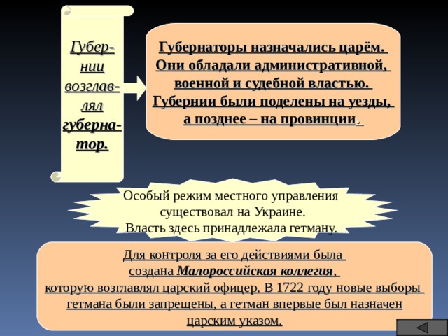 Губер- нии возглав- лял губерна- тор. Губернаторы назначались царём. Они обладали административной, военной и судебной властью. Губернии были поделены на уезды, а позднее – на провинции . Особый режим местного управления существовал на Украине. Власть здесь принадлежала гетману.  Для контроля за его действиями была создана Малороссийская коллегия , которую возглавлял царский офицер. В 1722 году новые выборы гетмана были запрещены, а гетман впервые был назначен царским указом. 