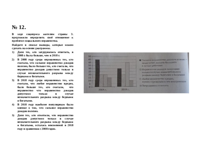 № 12. В ходе соцопроса жителям страны З. предложили определить своё отношение к проблеме социального неравенства. Найдите в списке выводы, которые можно сделать на основе диаграммы. Доля тех, кто затруднились ответить, в 2008 г. была больше, чем в 2018 г. В 2008 году среди опрошенных тех, кто считали, что сильное неравенство доходов полезно, было больше тех, кто считали, что неравенство доходов допустимо только в случае незначительного разрыва между бедными и богатыми. В 2018 году среди опрошенных тех, кто считали, что любое неравенство вредно, было больше тех, кто считали, что неравенство что неравенство доходов допустимо только в случае незначительного разрыва между бедными и богатыми. В 2018 году наиболее популярным было мнение о том, что сильное неравенство доходов полезно. Доля тех, кто отметили, что неравенство доходов допустимо только в случае незначительного разрыва между бедными и богатыми, осталась неизменной в 2018 году в сравнении с 2008 годом. 