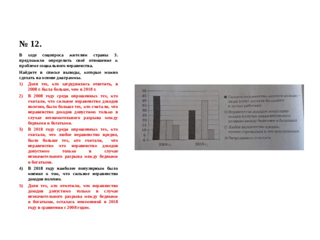 № 12. В ходе соцопроса жителям страны З. предложили определить своё отношение к проблеме социального неравенства. Найдите в списке выводы, которые можно сделать на основе диаграммы. Доля тех, кто затруднились ответить, в 2008 г. была больше, чем в 2018 г. В 2008 году среди опрошенных тех, кто считали, что сильное неравенство доходов полезно, было больше тех, кто считали, что неравенство доходов допустимо только в случае незначительного разрыва между бедными и богатыми. В 2018 году среди опрошенных тех, кто считали, что любое неравенство вредно, было больше тех, кто считали, что неравенство что неравенство доходов допустимо только в случае незначительного разрыва между бедными и богатыми. В 2018 году наиболее популярным было мнение о том, что сильное неравенство доходов полезно. Доля тех, кто отметили, что неравенство доходов допустимо только в случае незначительного разрыва между бедными и богатыми, осталась неизменной в 2018 году в сравнении с 2008 годом. 