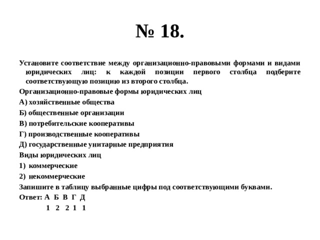 № 18. Установите соответствие между организационно-правовыми формами и видами юридических лиц: к каждой позиции первого столбца подберите соответствующую позицию из второго столбца. Организационно-правовые формы юридических лиц А) хозяйственные общества Б) общественные организации В) потребительские кооперативы Г) производственные кооперативы Д) государственные унитарные предприятия Виды юридических лиц коммерческие некоммерческие Запишите в таблицу выбранные цифры под соответствующими буквами. Ответ: А Б В Г Д  1 2 2 1 1 