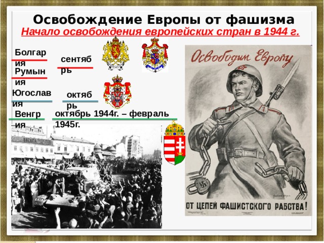  Освобождение Европы от фашизма Начало освобождения европейских стран в 1944 г.    Болгария сентябрь Румыния Югославия октябрь октябрь 1944г. – февраль 1945г. Венгрия 