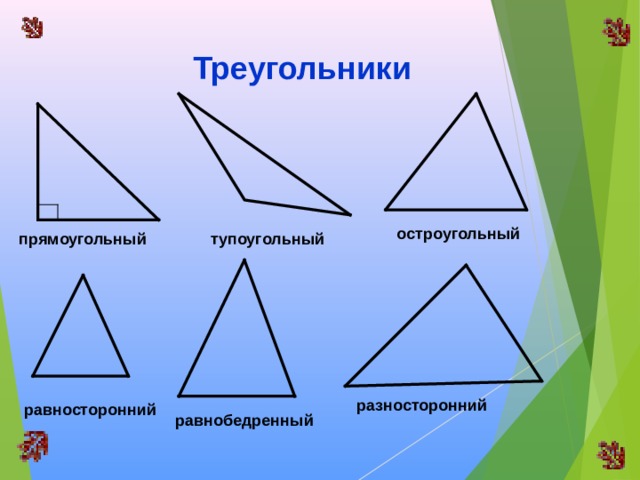 Треугольники остроугольный тупоугольный прямоугольный разносторонний равносторонний равнобедренный 