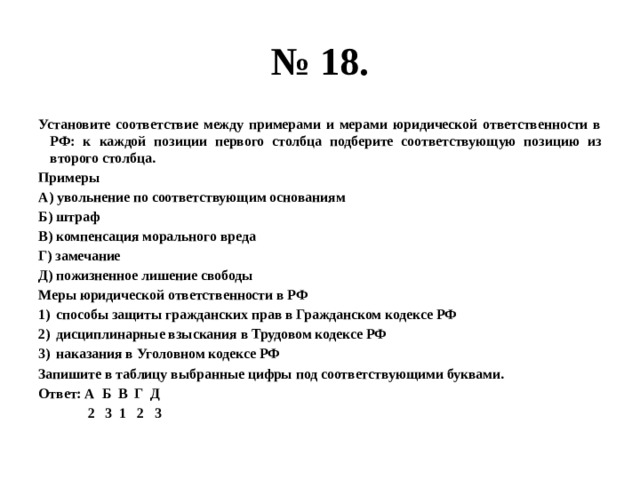 № 18. Установите соответствие между примерами и мерами юридической ответственности в РФ: к каждой позиции первого столбца подберите соответствующую позицию из второго столбца. Примеры А) увольнение по соответствующим основаниям Б) штраф В) компенсация морального вреда Г) замечание Д) пожизненное лишение свободы Меры юридической ответственности в РФ способы защиты гражданских прав в Гражданском кодексе РФ дисциплинарные взыскания в Трудовом кодексе РФ наказания в Уголовном кодексе РФ Запишите в таблицу выбранные цифры под соответствующими буквами. Ответ: А Б В Г Д  2 3 1 2 3 