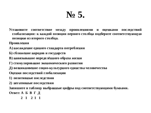 № 5. Установите соответствие между проявлениями и оценками последствий глобализации: к каждой позиции первого столбца подберите соответствующую позицию из второго столбца. Проявления А) насаждение единого стандарта потребления Б) сближение народов и государств В) навязывание определённого образа жизни Г) стимулирование экономического развития Д) возникновение социо-культурного единства человечества Оценки последствий глобализации позитивные последствия негативные последствия Запишите в таблицу выбранные цифры под соответствующими буквами. Ответ: А Б В Г Д  2 1 2 1 1 