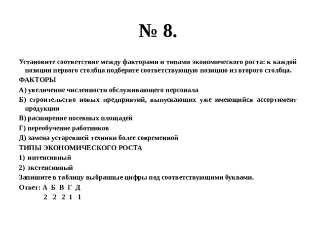 № 8. Установите соответствие между факторами и типами экономического роста: к каждой позиции первого столбца подберите соответствующую позицию из второго столбца. ФАКТОРЫ А) увеличение численности обслуживающего персонала Б) строительство новых предприятий, выпускающих уже имеющийся ассортимент продукции В) расширение посевных площадей Г) переобучение работников Д) замена устаревшей техники более современной ТИПЫ ЭКОНОМИЧЕСКОГО РОСТА интенсивный экстенсивный Запишите в таблицу выбранные цифры под соответствующими буквами. Ответ: А Б В Г Д  2 2 2 1 1 