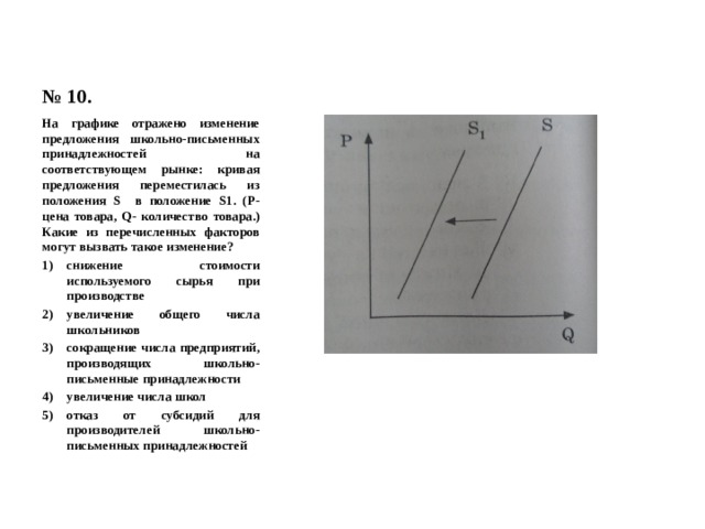 № 10. На графике отражено изменение предложения школьно-письменных принадлежностей на соответствующем рынке: кривая предложения переместилась из положения S в положение S1. (Р- цена товара, Q- количество товара.) Какие из перечисленных факторов могут вызвать такое изменение? снижение стоимости используемого сырья при производстве увеличение общего числа школьников сокращение числа предприятий, производящих школьно-письменные принадлежности увеличение числа школ отказ от субсидий для производителей школьно-письменных принадлежностей 