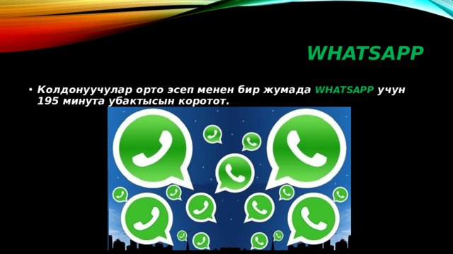 WHATSAPP Колдонуучулар орто эсеп менен бир жумада WHATSAPP учун 195 минута убактысын коротот. 