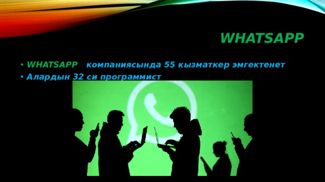 WHATSAPP WHATSAPP компаниясында 55 кызматкер эмгектенет Алардын 32 си программист 