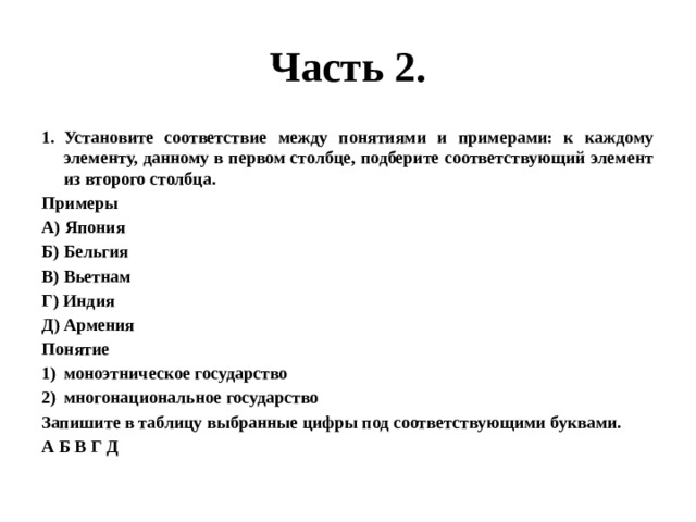 Часть 2. Установите соответствие между понятиями и примерами: к каждому элементу, данному в первом столбце, подберите соответствующий элемент из второго столбца. Примеры А) Япония Б) Бельгия В) Вьетнам Г) Индия Д) Армения Понятие моноэтническое государство многонациональное государство Запишите в таблицу выбранные цифры под соответствующими буквами. А Б В Г Д 