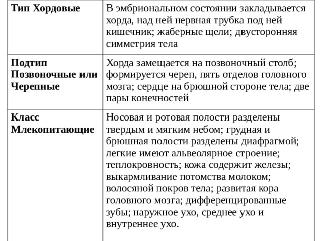 Тип Хордовые В эмбриональном состоянии закладывается хорда, над ней нервная трубка под ней кишечник; жаберные щели; двусторонняя симметрия тела Подтип Позвоночные или Черепные Хорда замещается на позвоночный столб; формируется череп, пять отделов головного мозга; сердце на брюшной стороне тела; две пары конечностей Класс Млекопитающие Носовая и ротовая полости разделены твердым и мягким небом; грудная и брюшная полости разделены диафрагмой; легкие имеют альвеолярное строение; теплокровность; кожа содержит железы; выкармливание потомства молоком; волосяной покров тела; развитая кора головного мозга; дифференцированные зубы; наружное ухо, среднее ухо и внутреннее ухо. 