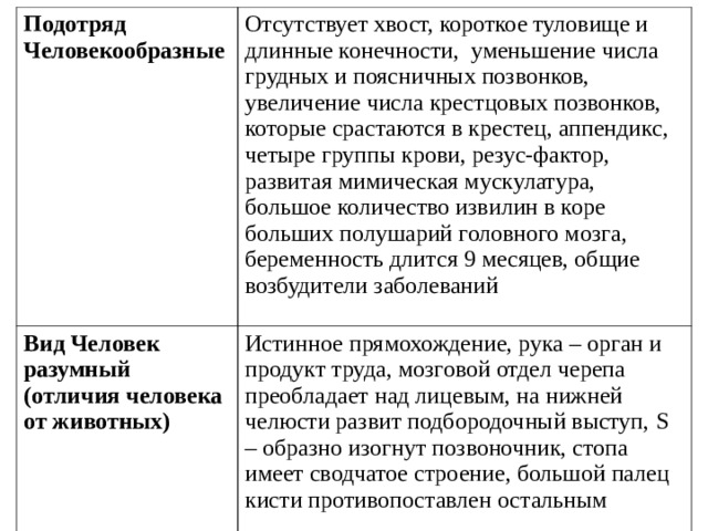 Подотряд Человекообразные Отсутствует хвост, короткое туловище и длинные конечности, уменьшение числа грудных и поясничных позвонков, увеличение числа крестцовых позвонков, которые срастаются в крестец, аппендикс, четыре группы крови, резус-фактор, развитая мимическая мускулатура, большое количество извилин в коре больших полушарий головного мозга, беременность длится 9 месяцев, общие возбудители заболеваний Вид Человек разумный (отличия человека от животных) Истинное прямохождение, рука – орган и продукт труда, мозговой отдел черепа преобладает над лицевым, на нижней челюсти развит подбородочный выступ, S – образно изогнут позвоночник, стопа имеет сводчатое строение, большой палец кисти противопоставлен остальным 