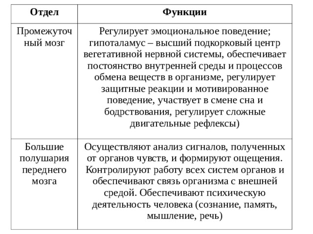 Отдел Функции Промежуточный мозг Большие полушария переднего мозга Регулирует эмоциональное поведение; гипоталамус – высший подкорковый центр вегетативной нервной системы, обеспечивает постоянство внутренней среды и процессов обмена веществ в организме, регулирует защитные реакции и мотивированное поведение, участвует в смене сна и бодрствования, регулирует сложные двигательные рефлексы) Осуществляют анализ сигналов, полученных от органов чувств, и формируют ощещения. Контролируют работу всех систем органов и обеспечивают связь организма с внешней средой. Обеспечивают психическую деятельность человека (сознание, память, мышление, речь) 