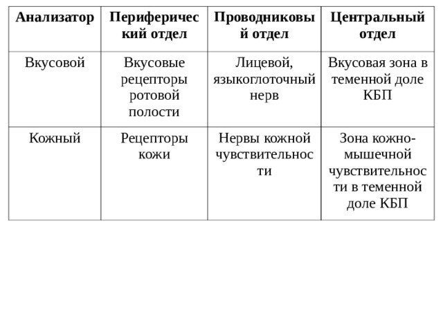 Анализатор Вкусовой Периферический отдел Проводниковый отдел Вкусовые рецепторы ротовой полости Кожный Лицевой, языкоглоточный нерв Центральный отдел Рецепторы кожи Вкусовая зона в теменной доле КБП Нервы кожной чувствительности Зона кожно-мышечной чувствительности в теменной доле КБП 