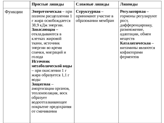 Простые липиды Функции Сложные липиды Энергетическая – при полном расщеплении 1 г жира освобождается 38,9 кДж энергии. Запасающая – откладываются в клетках жировой ткани, источник энергии во время спячки, миграций и голода Источник метаболической воды – при окислении 1 г жира образуется 1,1 г воды Защитная – амортизация органов, теплоизоляция, воск образует водоотталкивающее покрытие предохраняя от смачивания Липоиды Структурная – принимают участие в образовании мембран Регуляторная – гормоны регулируют рост, дифференцировку, размножение, адаптации, обмен веществ Каталитическая – витамины являются кофакторами ферментов 