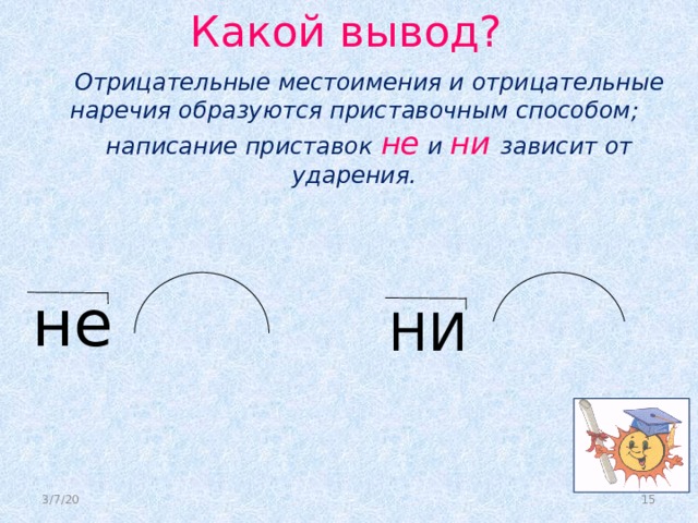 Какой вывод?  Отрицательные местоимения и отрицательные наречия образуются приставочным способом;  написание приставок не и ни зависит от ударения. не НИ 3/7/20  