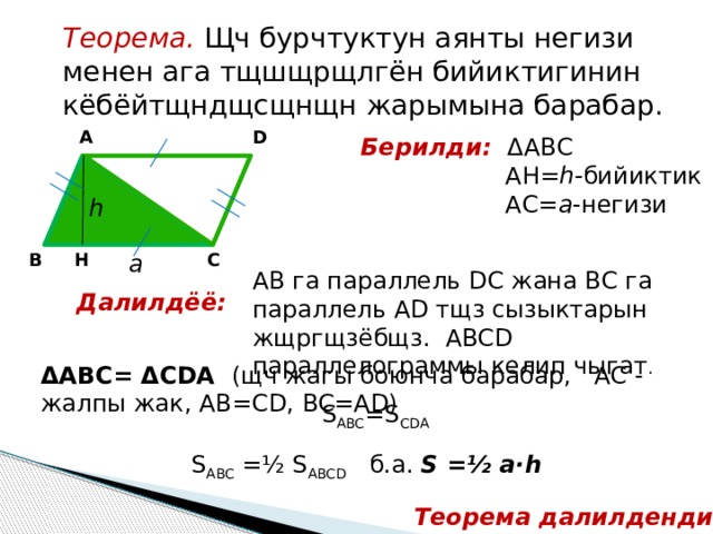 Теорема. Щч бурчтуктун аянты негизи менен ага тщшщрщлгён бийиктигинин кёбёйтщндщсщнщн жарымына барабар. D А Берилди: ΔАВС  АH= h- бийиктик  АC= a -негизи h В H С a АВ га параллель DC жана ВС га параллель AD тщз сызыктарын жщргщзёбщз. АВСD параллелограммы келип чыгат . Далилдёё: ΔАВС= ΔCDA (щч жагы боюнча барабар, AС - жалпы жак, АВ=СD, BC=AD) S ABC =S CDA S ABC =½ S ABCD б.а. S =½ a·h Теорема далилденди 