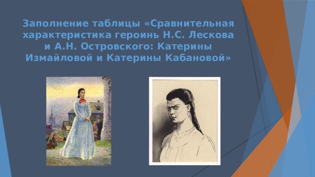 Характеры героинь. Катерина Измайлова образ Островского. Лескова и Островского Львовна Катерина. Катерина Кабанова и леди Макбет. Две Катерины Островского и Лескова.