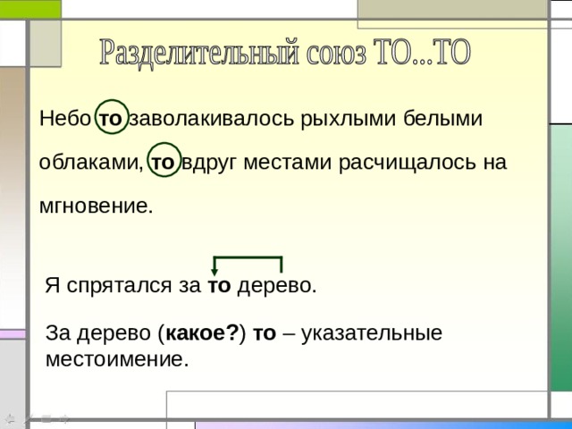 Небо то заволакивалось рыхлыми белыми облаками, то вдруг местами расчищалось на мгновение. Я спрятался за то дерево. За дерево ( какое? ) то – указательные местоимение. 