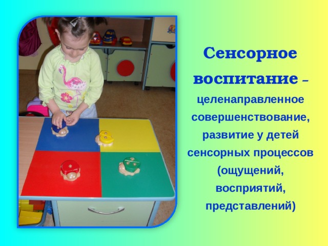 Сенсорное воспитание – целенаправленное совершенствование, развитие у детей сенсорных процессов (ощущений, восприятий, представлений) 