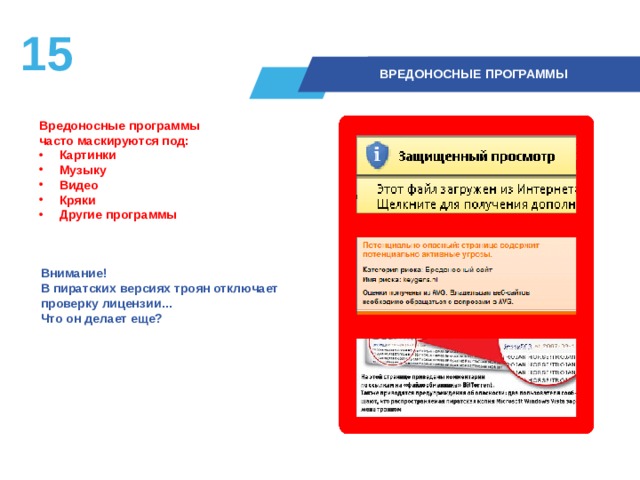 14  ВРЕДОНОСНЫЕ ПРОГРАММЫ Вредоносные программы  часто маскируются под: Картинки Музыку Видео Кряки Другие программы  Внимание! В пиратских версиях троян отключает проверку лицензии…  Что он делает еще?  