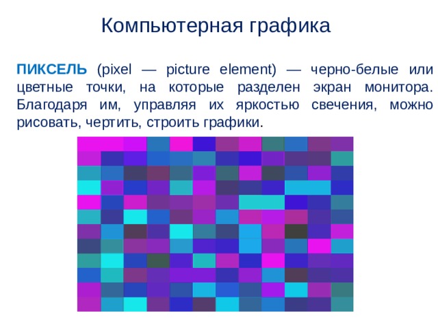  Компьютерная графика   ПИКСЕЛЬ (pixel — picture element) — черно-белые или цветные точки, на которые разделен экран монитора. Благодаря им, управляя их яркостью свечения, можно рисовать, чертить, строить графики . 