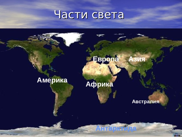 Части света Европа Азия Америка Африка Австралия Антарктида 