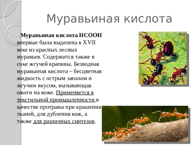 Муравьиная кислота  Муравьиная кислота HCOOH впервые была выделена в XVII веке из красных лесных муравьев. Содержится также в соке жгучей крапивы. Безводная муравьиная кислота – бесцветная жидкость с острым запахом и жгучим вкусом, вызывающая ожоги на коже. Применяется в текстильной промышленности в качестве протравы при крашении тканей, для дубления кож, а также для различных синтезов .  
