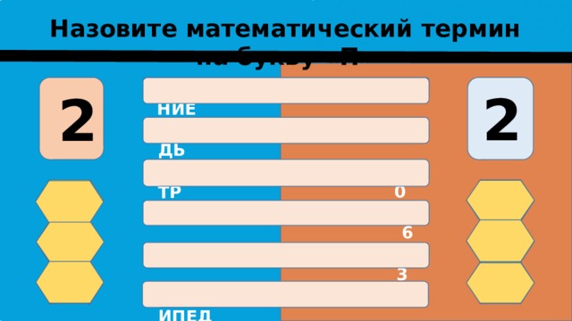 Назовите математический термин на букву «П» ПРОИЗВЕДЕНИЕ 25 2 2 ПЛОЩАДЬ 24 20 ПЕРИМЕТР 16 ПРЯМАЯ ПРОЦЕНТ 13 2 ПАРАЛЛЕЛЕПИПЕД 