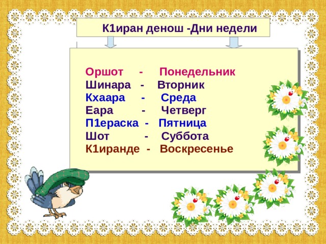 Терахьдош 4 класс презентация. К1иран денош Нохчийн маттахь. Дни недели. Чеченский язык 4 класс презентация.