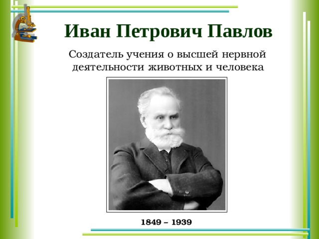Иван Петрович Павлов  Создатель учения о высшей нервной деятельности животных и человека 1849 – 1939 