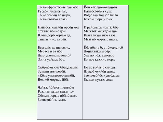 Тэ тай фронтöс-тылнымöс Гусьöн йирысь гаг, Йöй уполномоченнöй Няйтöсбтöма куш: Тэ не сöмын ас ныра, Водіс аньлöн юр вылö Тэ тай вöлöм враг». Гожöм шöрын пуж. Няйтöсь кывйöн орсöн моз Ставлы вöчис дой. И районысь локтіс бöр Мыжтöг мыждöм ань. Юква дорö корлім да, Тшапитчис, эз сёй. Казявлісны шоча зэв, Мый пö мортыс шань. Бергаліс да шенасис, Йöз вöсна бур тöждлунсö Муртса и эз пöр, Донъявлісны сёр: Дыр уполномоченнöй Уна во чöж выговор Эз на усйысь бöр. Из моз кыскис морт. Скöрмöмысла бöрддзыліс Но ас войтыр сиисны Зумыш звеньевöй: Шудсö чукйöн дзик: «Кöть уполномоченнöй, Звеньевöйöс кувтöдзыс Век жö мортыс йöй. Пыдди пуктіс сикт. Чайта, йöйног пинялöм Разалас, кыдз тшын…» Сöмын чорыд вöйпöмысь Звеньевöй эз мын. 