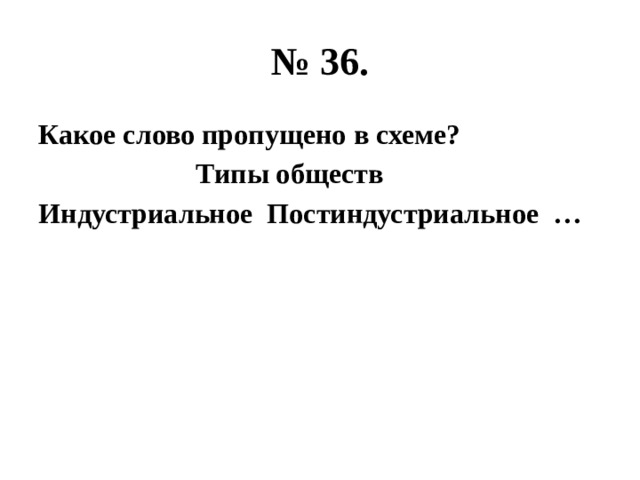 № 36. Какое слово пропущено в схеме?  Типы обществ Индустриальное Постиндустриальное … 