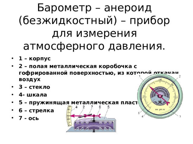  Измерение атмосферного давления Водяной барометр Водяные барометры были сооружены: Паскалем   (г. Руан , 1646г.)   Отто фон Герике (г. Магдебург , 1660г.)  Самый большой водяной барометр высотой 12 м был сконструирован в 1987 году Бертом Болле, хранителем Музея барометров в Мартенсдейке , (Нидерланд), где он и установлен. 