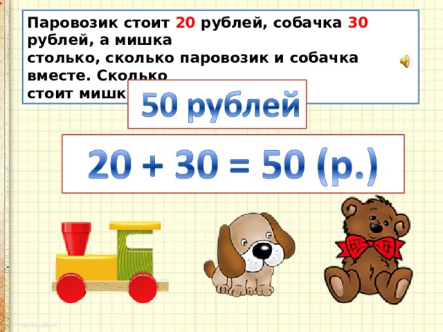 Паровозик стоит 20 рублей, собачка 30 рублей, а мишка столько, сколько паровозик и собачка вместе. Сколько стоит мишка? 