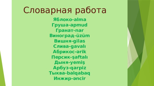    Яблоко-alma Груша-apmud Гранат-nar Виноград-üzüm Вишня-gilas Слива-gavalı Абрикос-ərik Персик-şaftalı Дыня-yemiş Арбуз-qarpiz Тыква-balqabaq Инжир-əncir   Cловарная работа 